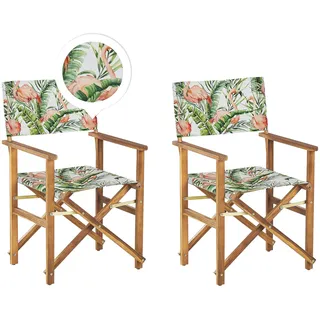 Beliani Gartenstuhl helles Akazienholz Textil cremeweiß/bunt Flamingomuster Cine 2 St.