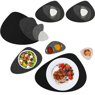 Dune Design Flusskiesel Tischset Filz 16 Teile Platzset + Untersetzer für 4 Abwaschbar Grau