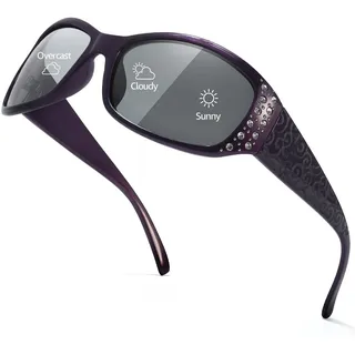 TJUTR Selbsttönende Polarisierte Sonnenbrille für Damen mit UV400 Schutz, Wrap-Around Design mit Strass und graviertem Bügel - 143mm x 57mm x 44.95mm (Frame) / 14mm (Bridge) / 124mm (Arm Length)