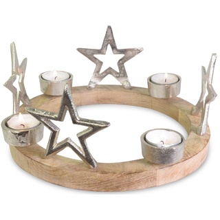 RIFFELMACHER & WEINBERGER Adventskranz Kerzenhalter mit Sternen für Teelichter Ø 25 cm 75219, Silber - Holz silberfarben