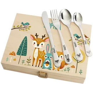 Personalisierbares Kinderbesteck 4-teilig mit Gravur und optionaler Geschenkbox – Motiv Zauberwald Tiere – Baby Besteck Edelstahl