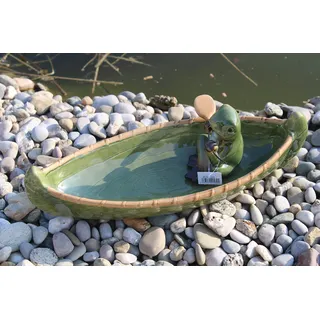 Holzwurm Vogeltränke Frosch im Kanu, aus Keramik, Länge 38 cm, Vogelbad mit Frosch