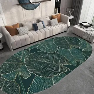 Ovaler Teppich für Wohnzimmer, rutschfest, für Flur, Schlafzimmer, Küche, Bodenmatte, Moderne geometrische Blätter in Gold und Grün, 110 x 190 cm