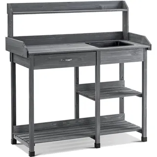 MCombo Pflanztisch Gärtnertisch Blumentisch 0458EY mit Waschbecken Schublade und Ablagefläche Wetterfest Holz, 115 x 45 x 121 cm (Anthrazit)