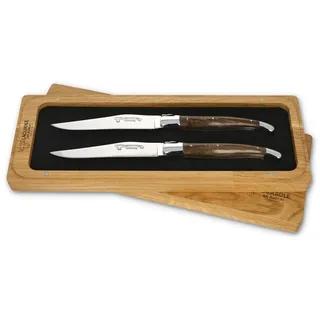 Laguiole en Aubrac - 2er Set Laguiole Steakmesser aus Frankreich - Griff Nussbaumholz - Stahl glänzend - Original mit Zertifikat