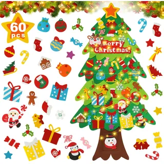 FIFlying Weihnachtsbaum aus Filz für Kinder, DIY, 110 x 69 cm, mit LED-Lichtern und 60 Ornamenten, für Wand, Tür, Büro, Klassenzimmer