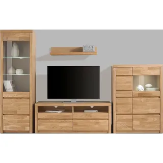 OTTO home Wohnwand Silkeborg: 4-teilig, Breite: 290cm, Griffmulden, Fronten Massivholz, (Set, 4-St., Set besteht aus 1 Vitrine, 1 Lowboard, 1 Wandregal und 1 Highboard), Set besteht aus 1 Vitrine, 1 Lowboard, 1 Wandregal und 1 Highboard braun