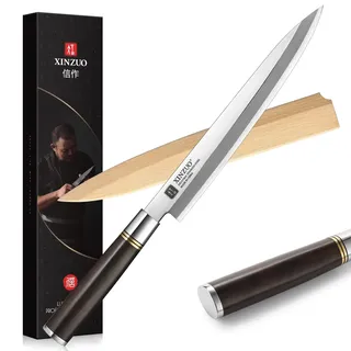 XINZUO Edelstahl 24cm Yanagiba Messer, X7Cr17MoV Stahl Sashimi Messer Einzelfase Klinge -Geschmiedet Kochmesser Profi Fischmesser -Ebenholzgriff -mit Scheide aus Birkenholz