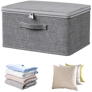SUPRROW Abschließbare Box,Aufbewahrungsbox mit Zahlenschloss,Aufbewahrungsbox mit Deckel Stoff,Aufbewahrungskorb Grau, Faltbare Boxen Aufbewahrung mit Deckel für Kleidung, Spielzeug (30x20x14 cm)