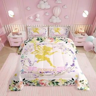 Erosebridal Fee Garten komplettes Set, verträumte Schmetterling Blumen-Bettzeug Set für Mädchen Kinder, rosa Kokettblume Bettbezug, niedliche Mädchen Prinzessin Schlafzimmer Dekor, 2 Kissenbezüge