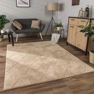 Paco Home Teppich Wohnzimmer Schlafzimmer Kurzflor Modernes Skandinavisches Muster Rauten Motiv Flauschig 3D Grau Anthrazit, Grösse:80x150 cm, Farbe:Beige 2