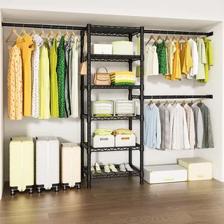 Ulif M5 Kleiderständer zur Wandmontage, robustes Schrank-Aufbewahrungs- und Organizer-System mit 6 Ablagen und 3 erweiterbaren Kleiderstangen, platzsparender Anzug (18-260 cm) B x 35,6 cm T x 211,1 cm