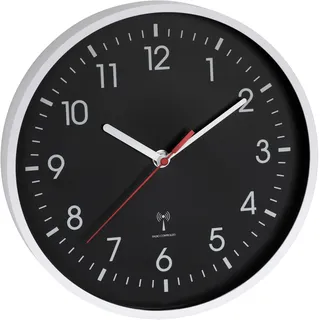 TFA Dostmann Analoge Funk-Wanduhr schwarz invertiert batteriebetrieben, 60.3550.20, modern, schwarzes Ziffernblatt, analoge Uhrzeit, Funkuhr, gut ablesbar, weiße Ziffern, Bürouhr