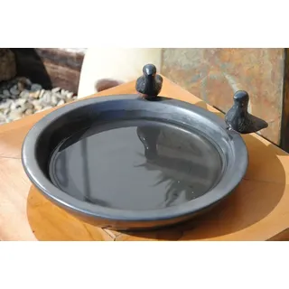 GartenGees Vogeltränke mit Zwei Vögelchen, frostfest,rund, schwarz glasiert, 30cm,Wildvögel,Voliere