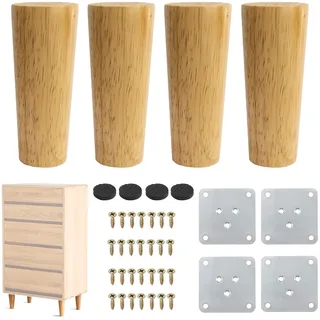 4 Stück Holz Möbelfüße Tischbeine 12cm Holzfüße Möbelbeine Massivholz Konisch Möbelfüße Ersatz Schrankfüße Sofafüße Holzbeine mit Montageplatte Gummipads für Möbel Sofa Bett Schrank Couch TV Schrank