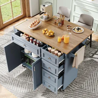 Merax Kücheninsel Freistehend mit Klappbarer Arbeitsplatte, Küchenwagen mit Rollen, Mobiler Küchenschrank mit 5 Schubladen, Viel Stauraum, Servierwagen im Vintage-Design für Küche/Esszimmer, Blau