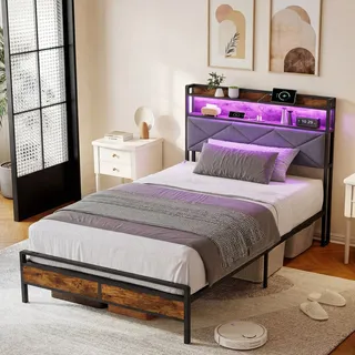 Bett 90x200 Cm – Einzelbett 90x200 – Industrial-stil – Bettrahmen Mit Rgb-leds, Usb-typ-c-anschlüssen Und Stauraum – Dunkles Holz