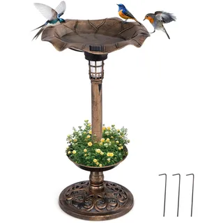 GYMAX Vogeltränke stehend, Vogelbecken mit Solarleuchte, Vogelbad Garten stehend mit Blumenkübel & befüllbarem Ständer, Vogelfutterstelle, Futterstation für Balkon & Garten, Nr. 2 Antikbronze