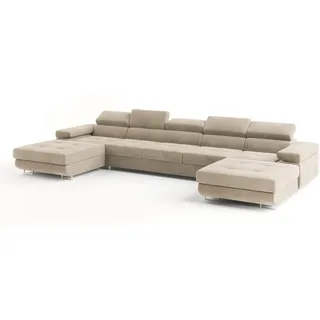 Masseno Wohnlandschaft, Creme, Holz, 7-Sitzer, U-Form, 425x90x202 cm, Wohnzimmer, Sofas & Couches, Wohnlandschaften, Wohnlandschaften in U-Form