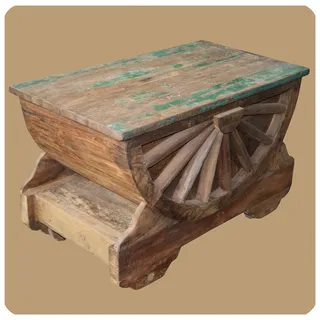 SIMANDRA Couchtisch Truhe Wagenrad (Einzelstück, 1 Truhe), Handarbeit, jedes Stück ein Unikat, Recycling Altteak-Holz grün