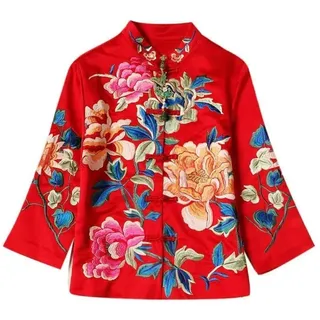 Sparctwer Damen-Jacke im chinesischen Stil – bestickte Bluse im Ethno-Stil, Retro-Stickerei, chinesische Bluse, Damenjacke, gerader Schultermantel, chinesische traditionelle Kleidung, rot, M - M Kurz
