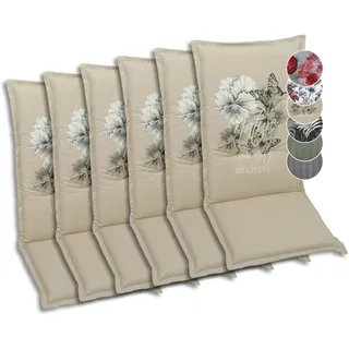 GO-DE Textil Bequeme und attraktive Polsterauflagen für Hochlehner-Gartenstühle (6er-Set, Nature Schmetterlinge beige, Hochlehner)