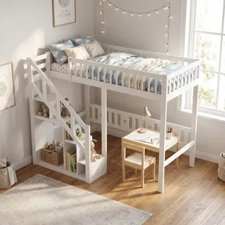 Kinder Hochbett 90x200 Cm Mit Stauraumtreppe Und Spielbereich, Halbhochbett Aus Holz, Weiß