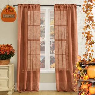 SHINELAND Burnt Orange Vorhänge für Wohnzimmer, 213 cm lang, durchscheinend, Boho-Kunstleinen, strukturiert, indische böhmische Vorhänge für Schlafzimmer, Fenster, Dunkelorange