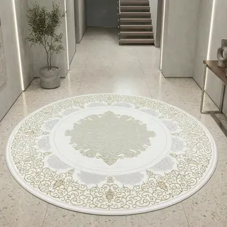 Teppich-Traum Kurzflor Teppich Mäander Ornamente Creme Gold Ø 160 cm | Pflegeleicht, schmutzabweisend, strapazierfähig, vielseitig einsetzbar, OEKO-TEX geprüft, mit Glanzeffekt, 8 mm Flor