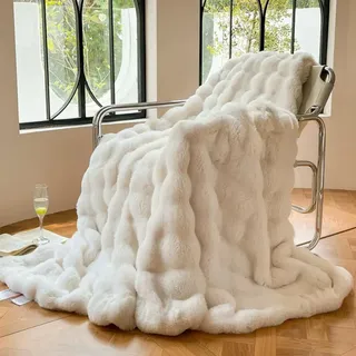DREAMLANDING Kunst-Kaninchenfell Luxus Plüsch-Sherpa-Decke Umkehrbar Flauschige Warme Kuschelige Flaumige Fell-Decke für Bett, Sofa, Couch und Heimdekoration (Creme, 130 x 150 cm)