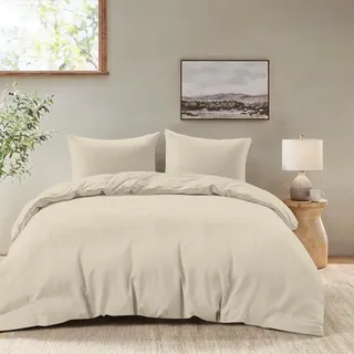 Dreamzie - Bettwäsche 200x200 Set Beige – Bettbezug mit 2 Kissenbezug 80x80 – Mikrofaser Weich & Pflegeleicht - Oeko-Tex