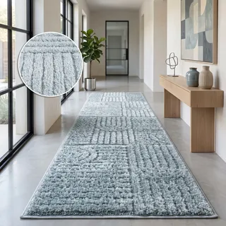 Teppich OTTO HOME "Jonne, Boho-Design, Scandi, Designteppich", grau (türkis), B:80cm H:20mm L:250cm, Kunstfaser, Teppiche, Teppich, Hoch-Tief, 3D Optik, skandinavischer Stil, Wohnzimmer, Schlafzimmer