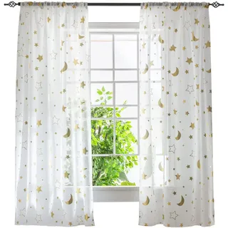ESLIR Gardinen mit Tunnelzug Transparente Vorhänge Voile Fensterschal Modern Mond und Sterne Muster Wohnzimmer Kinderzimmer 1 Stück BxH 140x245cm Gold