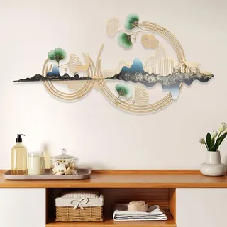 YAIUNHIQ Wanddeko Metall Ginkgoblatt Hirsch 3D Bilder Wandskulpturen, Metallbilder Wanddeko Gold Wandbild, Große Wanddeko