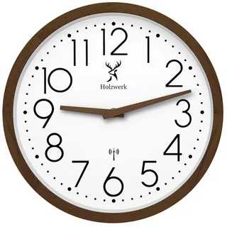 Holzwerk Funkwanduhr Designer Loft Funk Holz Wand Uhr, große Ziffern (Nahezu lautloses Uhrwerk, analog, 30 cm) braun