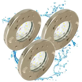 TRANGO LED Einbauleuchte, 3er Set IP65 LED Einbaustrahler 6729IP65-032GUSDAK in Edelstahl gebürstet inkl. 3x 5 Watt 3-Stufen dimmbar GU10 LED Leuchtmittel 3000K warmweiß Bad, Außen, Einbauspot, Deckenleuchte, Deckenspots