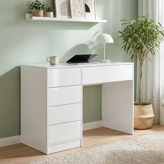 Bellamio Livny Schreibtisch Hochglanz weiß mit 5 Schubladen – Schminktisch ohne Spiegel – White Desk with Drawers 80x53x110 cm – Jugendschreibtisch - Bürotisch mit Schubladen beidseitig montierbar