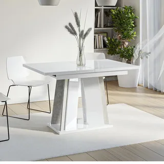 DORA Esstisch ausziehbar 120-160x80 cm Weiß Hochglanz Betonoptik | Ausziehbarer Esszimmertisch für 4–6 Personen, von 120 auf 160 cm, Säulengestell, Weiß Hochglanz Betonoptik