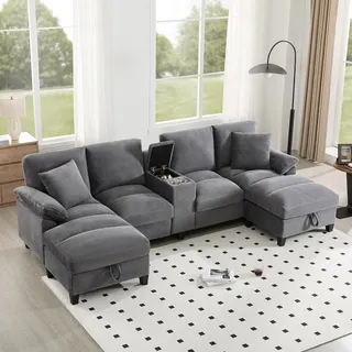 Merax Sofa 4 Sitzer Couch U-förmiges Ecksofa mit Stauraum, übergroßem Cordstoff und Kissen, Getränkehaltern aus Edelstahl und Zwei USB-Anschlüssen, Big Sofa für Wohnzimmer/Schlafzimmer, Grau
