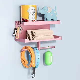 Hundegarderobe mit Ablage, Hundeleinen Halterung Wand, Schwarz Wandhalter für Hundeleine, Metall Hunde Garderobe Schlüsselbrett, für Hundeleine, Trainingsleckerlis, Kauspielzeug, Schlüssel (Roségold)