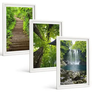 Bilder Set 3-teilig im weißen Rahmen – Wandbilder 3 Stück – gerahmte Poster für Wohnzimmer, Schlafzimmer und Flur – 40x60 cm – Pfad Wald... - Grün