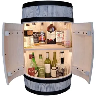 Holzfass mit Tür LED Fass Bar weiß XL Holzregal - Handmade Vintage Weinregal Flaschenregal für 40 Flaschen Whiskyständer Vintage rustikale Holzbar - Bartisch - Minibar