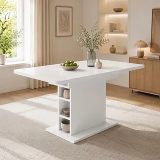 Merax Esstisch Holz, Ausziehbar Esszimmertische mit Stauraum, Rechteckiger Küchentisch für Wohnzimmer und Esszimmer, 110/130L x 70B x 75H cm, Weiß