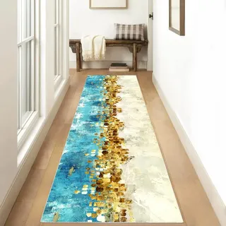 Siunwdiy Teppichläufer rutschfest Läufer Flur 50x120cm Küchenteppich Abstrakt Türkis Beige und Gold Waschbar Meterware Schlafzimmer Korridor Teppich Lang, Länge Anpassbare, 40-100cm Breit