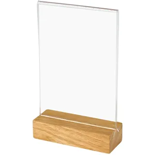 HMF Acryl Tischaufsteller mit Holzfuß DIN A6 Hochformat, Tischkartenhalter massivem aus Eiche, T-Aufsteller