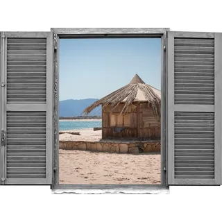queence Wandtattoo Hütte am Meer (1 St), Wandsticker, Wandbild, selbstklebend, 3D, Fenster beige