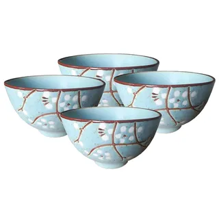 teeblume Asiatisches Schalen-Set Torusakura, türkis mit Kirsch-Blüten, 4-TLG., Ø 11,5 cm, 7,5 cm hoch, ca. 320 ml, asiatisches Porzellan, traditionelles Japanisches Design, inkl. Geschenk-Verpackung