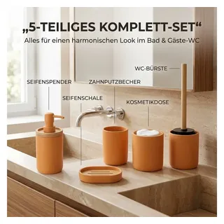 TENDANCE Badaccessoire-Set 5 teilig Zahnputzbecher Seifenspender Seifenschale WC Bürste Wattedose