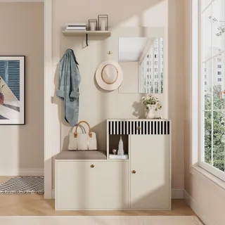 Merax Garderobenset Kompaktgarderobe, Flurgarderobe mit Spiegel, Flurschrank mit Haken, Offene Regale & Schubladen,Dielengarderobenpaneele,110x185,5x37cm,Weiß
