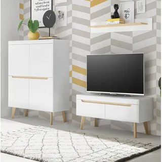 furn.design WOHNWAND 3-teilig weiß matt, Eiche, skandinavisch 234 cm, Wohnkombination mit Soft-Close